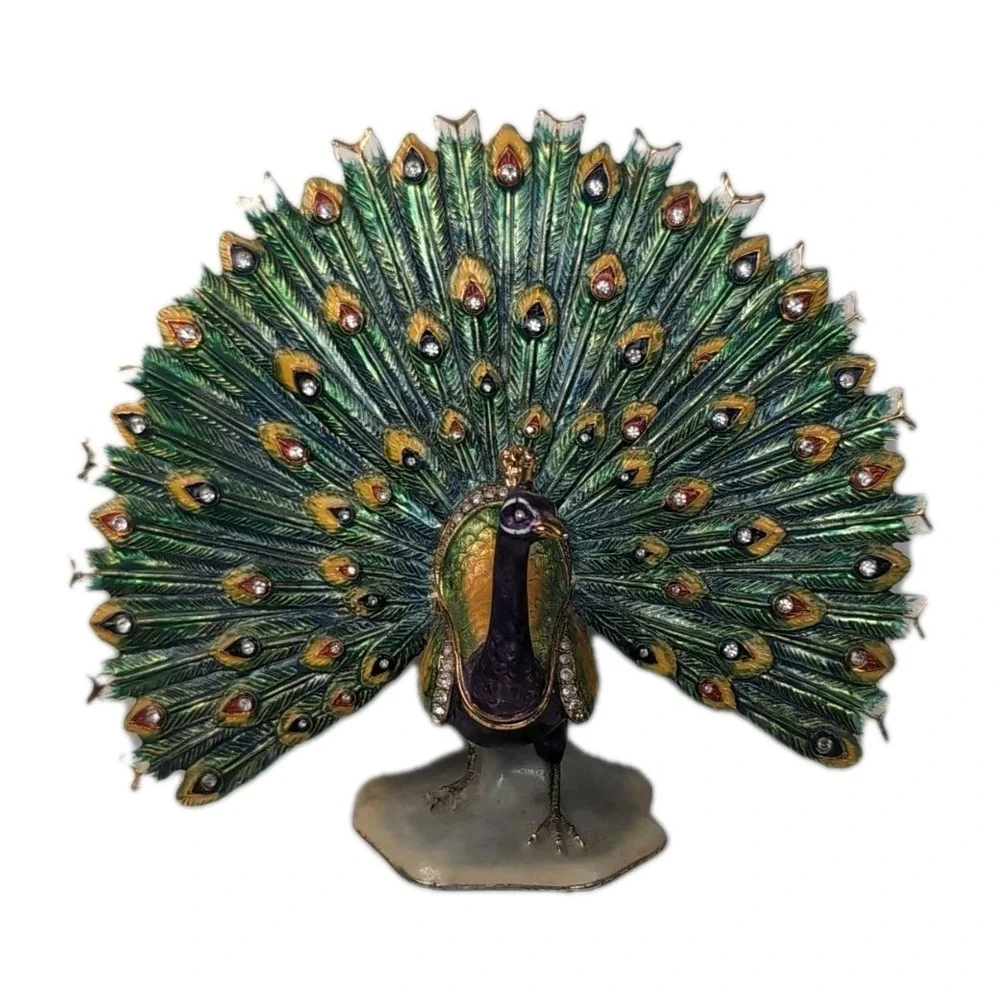 Sorelle Peacock Trinket Box Gold tone Hinged Storage Colorful Bejeweled